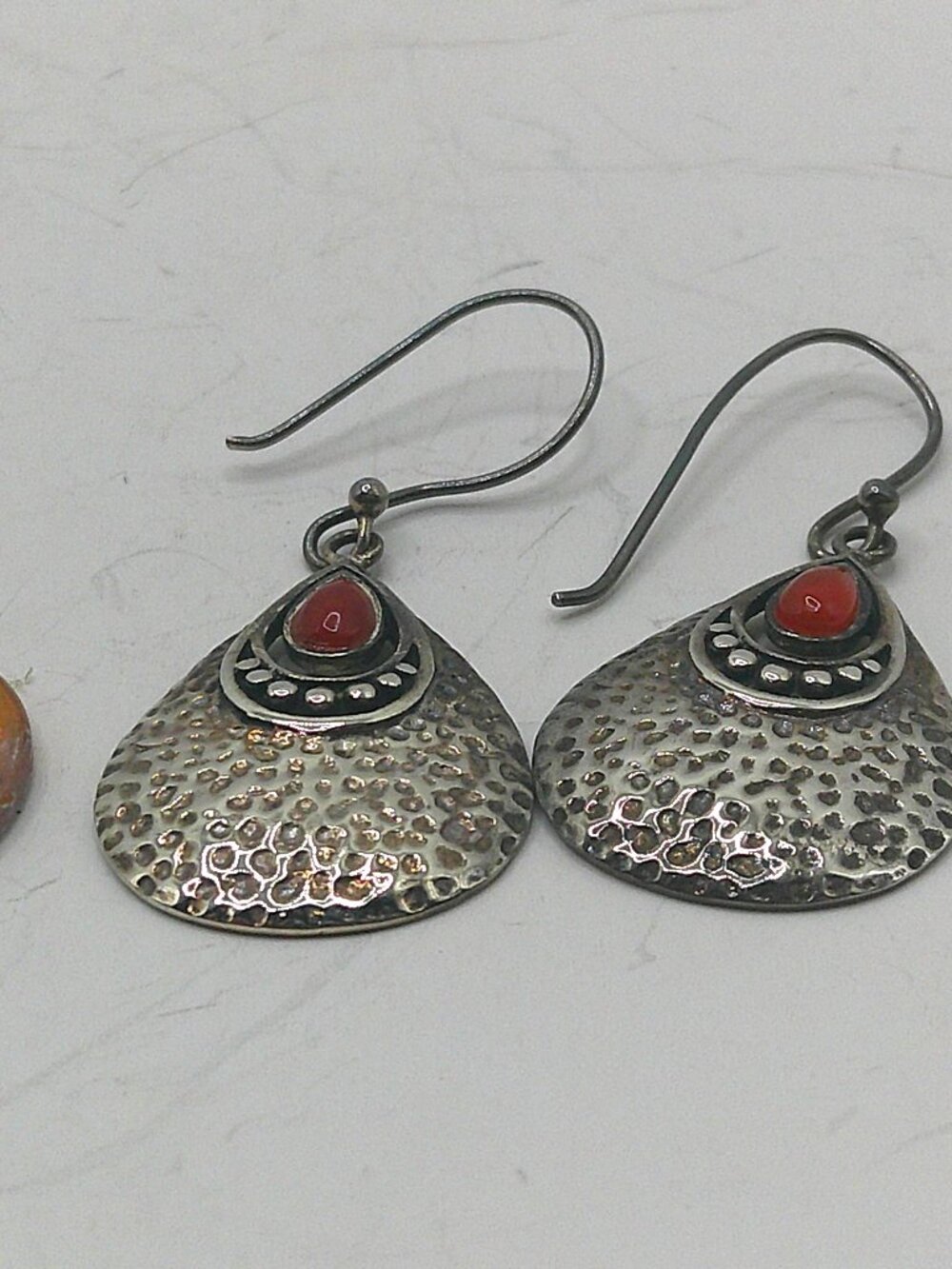 Hammered Silvertone and Amber Earrings